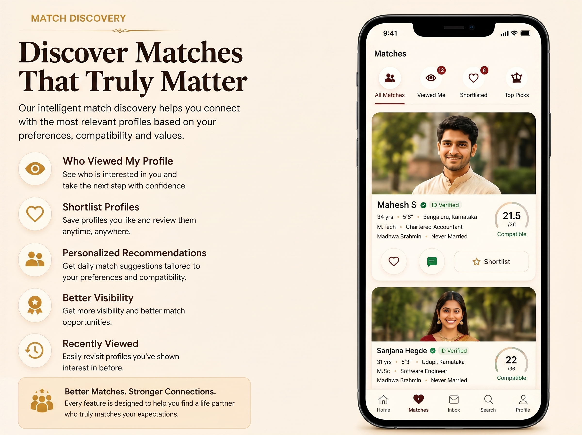 Match discovery interface showing recommended profiles, who viewed me, shortlist, and profile activity signals.