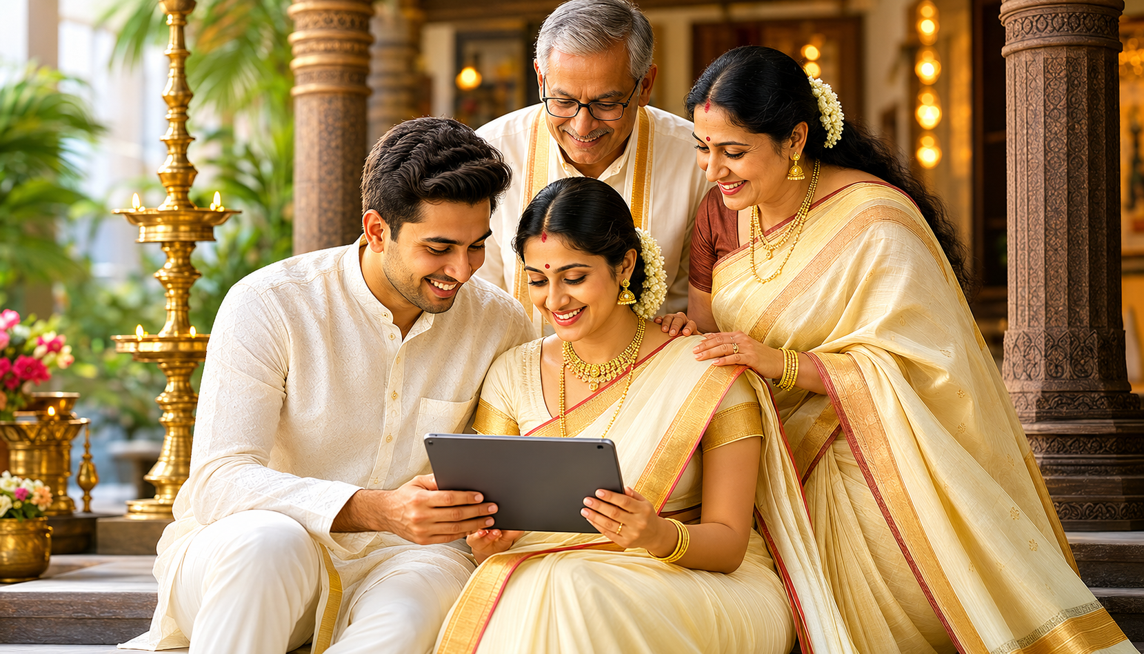 A daughter reviewing matrimonial matches with her family on a tablet